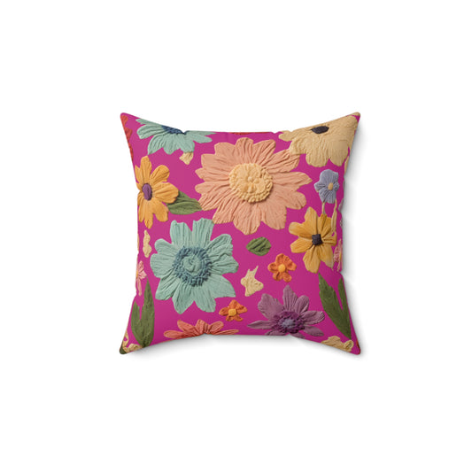 Colorful Floral Faux Suede Square Pillow - Vibrant Home Decor Accent