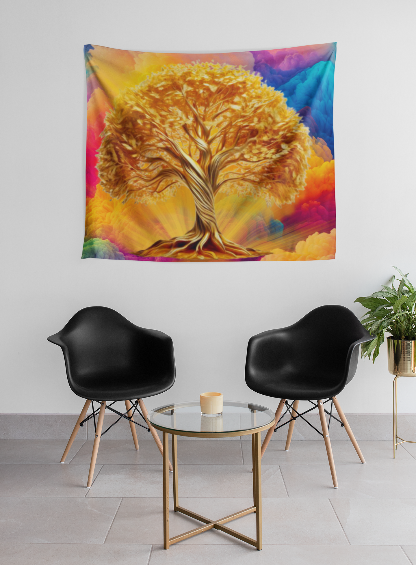 Colorful Skies Golden Tree of Life Woven Tapestries